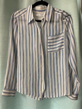 A.L.C. White and Blue Vertical Stripe 100 % silk Button-Down Shirt